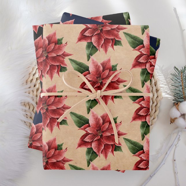 Rustic Red Poinsettia Floral Pattern Christmas Wrapping Paper Sheet (Creator Uploaded)
