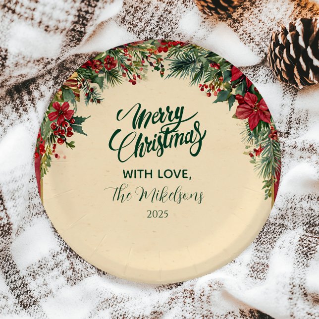 Rustic Red Poinsettia Holiday Party Paper Plate (Creator Uploaded)