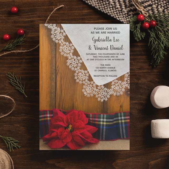 Rustic Red Poinsettia Plaid Winter Barn Wedding Invitation (Set a warm and festive tone for your December wintery rustic wedding ceremony and reception.)
