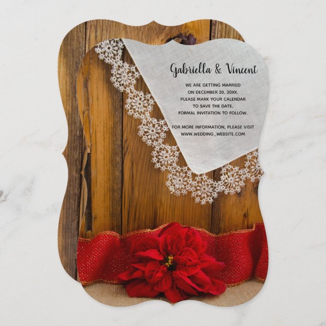 Rustic Red Poinsettia Winter Wedding Save the Date Invitation (Front/Back)