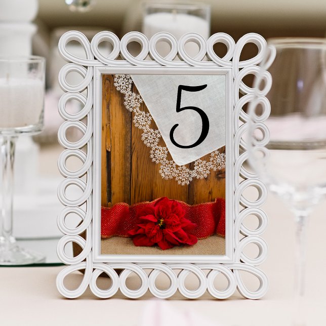 Rustic Red Poinsettia Winter Wedding Table Numbers (Set a festive wintery table for your rustic chic December celebration event or barn party.)