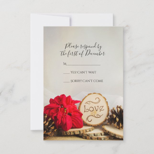 Rustic Red Poinsettia Woodland Wedding RSVP (Front)