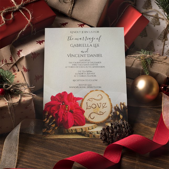 Rustic Red Poinsettia Woodland Winter Wedding Invitation (Creator Uploaded)