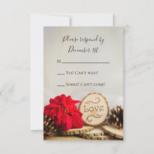 Rustic Red Poinsettia Woodland Winter Wedding RSVP (Front)