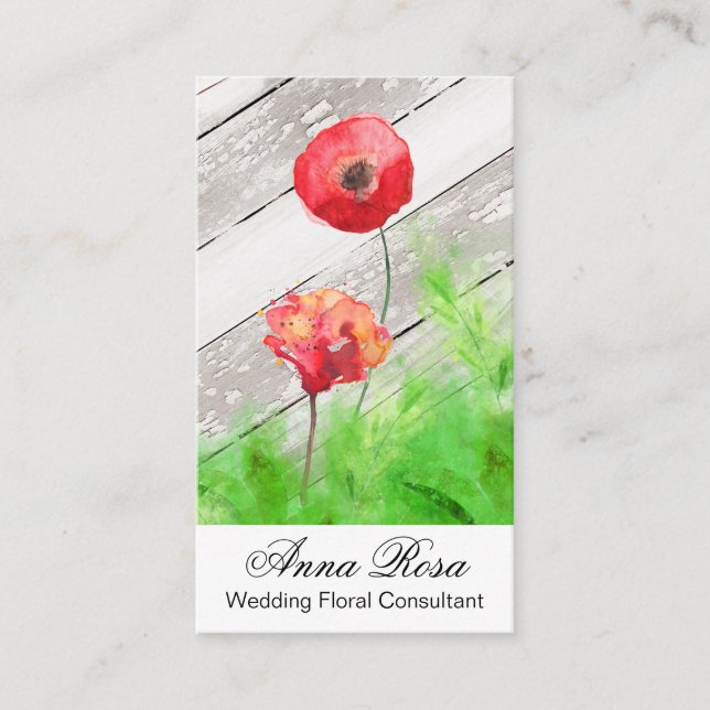 *~* Rustic Red Poppy Flowers Vintage Wood Business Card (Front)
