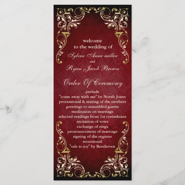 rustic red regal  wedding program programme (Front)