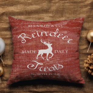 Rustic Red Reindeer Treat Add Name Christmas Cushion