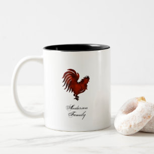 Rustic red rooster family name personalised  Two-Tone coffee mug