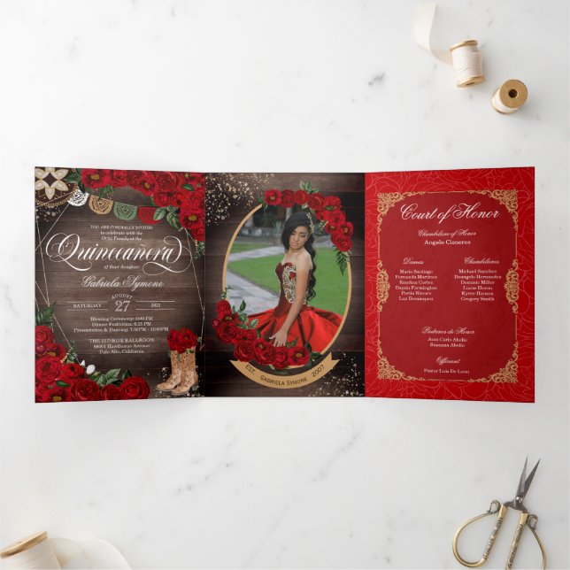 Rustic Red Rose Charro Country Western Quinceañera Tri-Fold Invitation (Inside)
