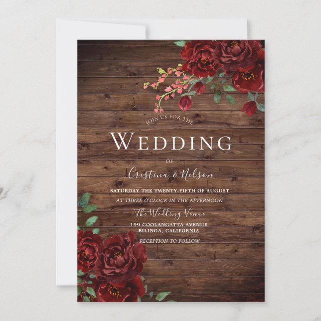 Rustic Red Rose Romantic Floral Wedding Invitation (Front)