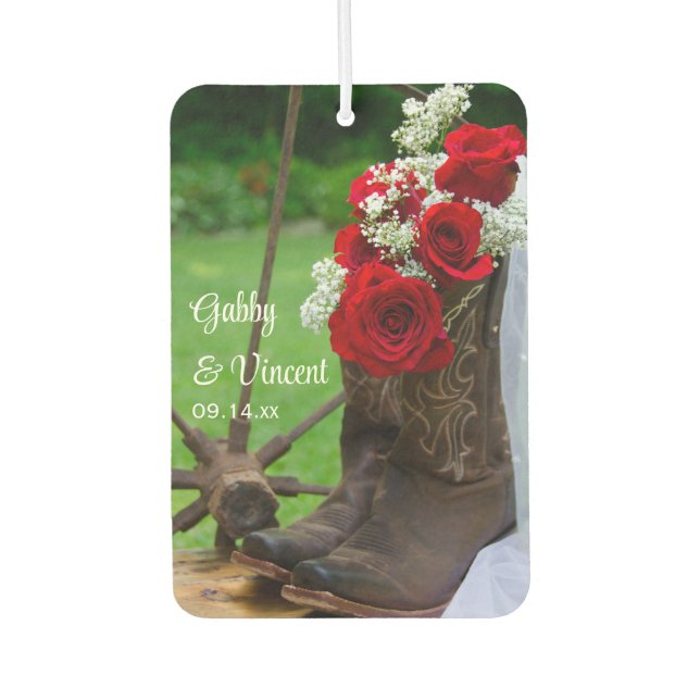 Rustic Red Roses and Cowboy Boots Country Wedding Car Air Freshener (Front)