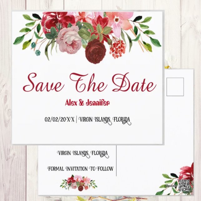 Rustic Red Roses Floral Save the Date Announcement Postcard (Creator Uploaded)