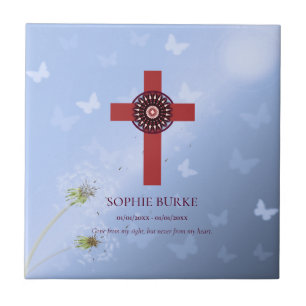 Rustic Red Rosette Cross Blue Pet Memorial Tile