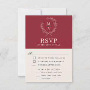Rustic Red Simple Elegant Monogram RSVP with Meals Card
