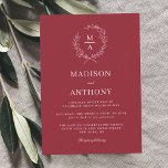 Rustic Red Simple Elegant Monogram Wedding Invitation<br><div class="desc">A tasteful and classic choice in wedding invitations, this design conveys a simple elegance in its text layout. A simple open laurel wreath of sketched leaves surrounds the monogram initial of the bride and groom. The elegant yet simple text template is ready to personalize with your wedding details. This invitation...</div>