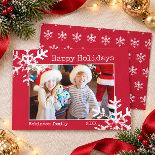 Rustic Red Snowflakes Happy Holidays Family Photo Holiday Card