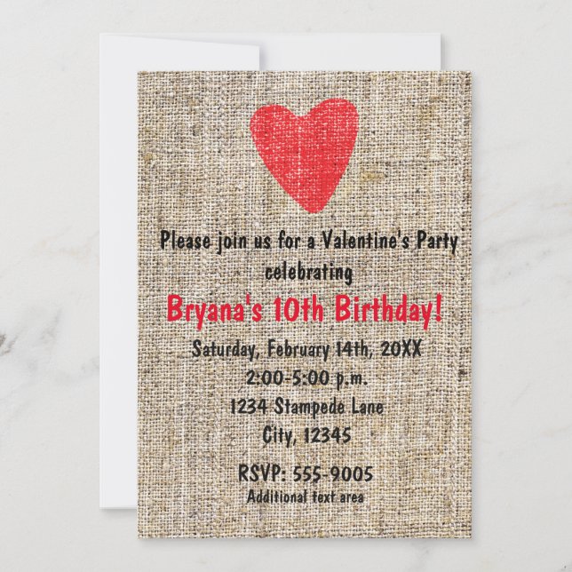 Rustic Red Stamped Heart Burlap Valentine Party Invitation (Front)