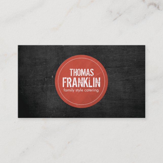 Rustic Red Stamped Logo II on Black Woodgrain Business Card (Front)