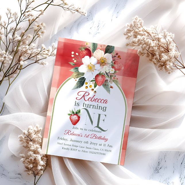 Rustic Red Strawberry Berry First 1st Birthday Invitation (Creator Uploaded)