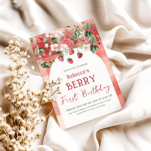 Rustic Red Strawberry Berry First Birthday Invitation