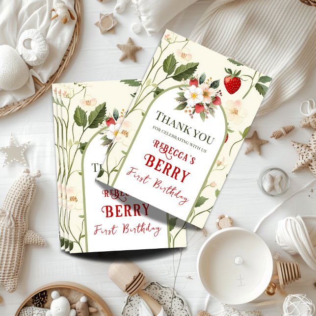 Rustic Red Strawberry Berry First Birthday Thank You Card (Creator Uploaded)