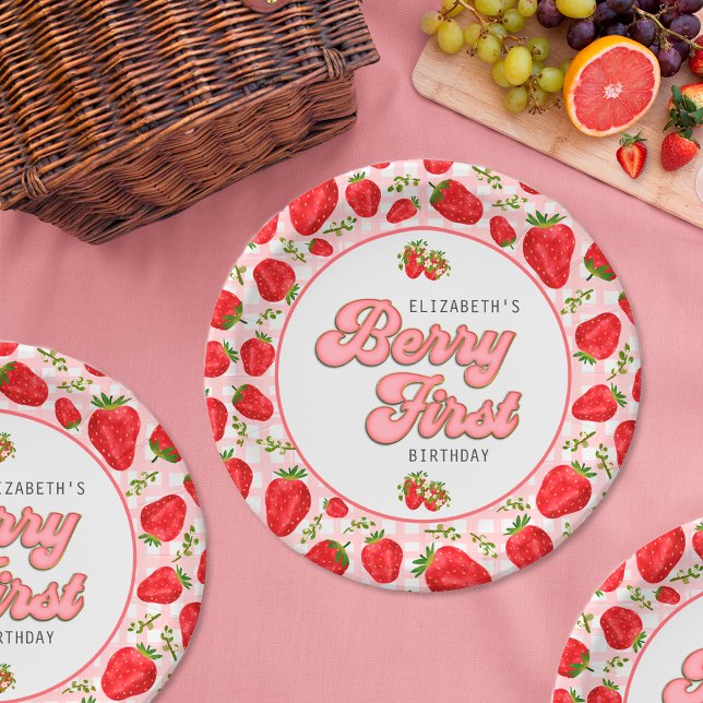 Rustic Red Strawberry Pattern Girl Berry First Paper Plate (Creator Uploaded)