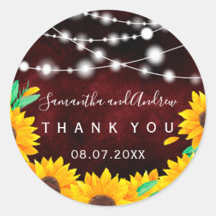 Rustic red string lights sunflower Thank you Classic Round Sticker