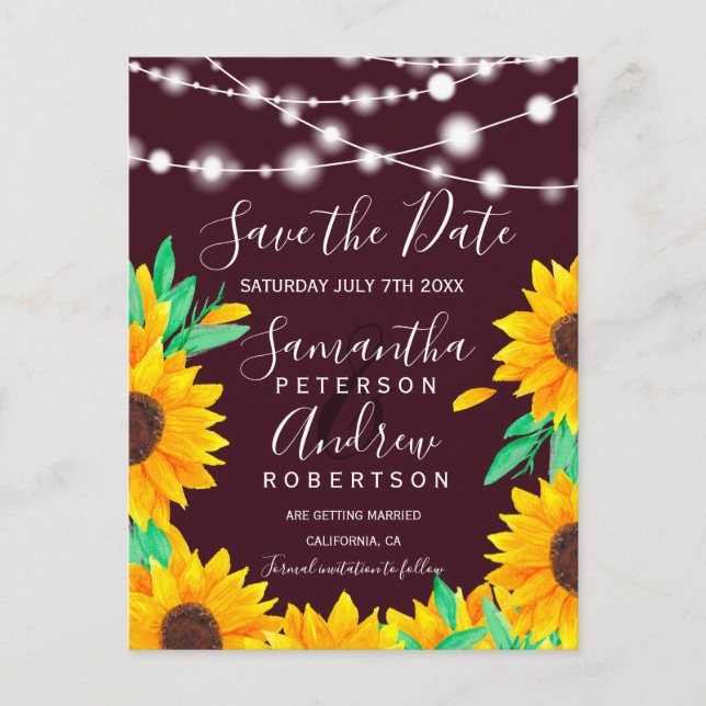 Rustic red string lights sunflowers save the date announcement postcard (Front)