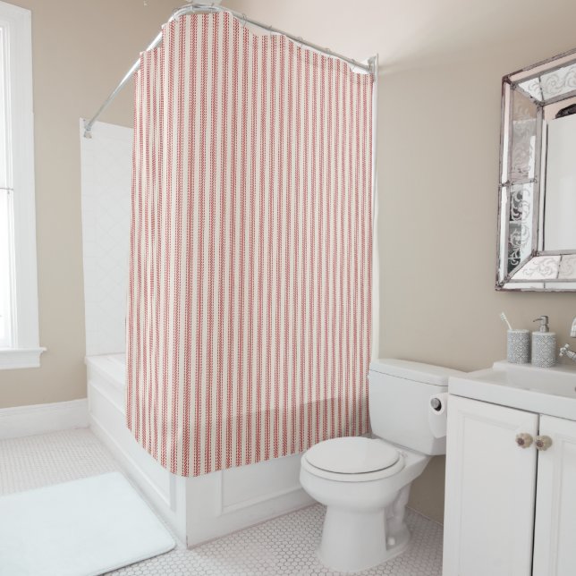 Rustic Red Striped French Ticking Shower Curtain (In Situ)