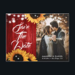 Rustic Red Sunflower Wedding Photo Save The Date Announcement Postcard<br><div class="desc">Rustic red and sunflower wedding photo save the date photo postcard featuring sunflowers and string lights on a rustic wood background.</div>