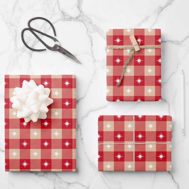 Rustic red tan buffalo plaid Christmas lights Wrapping Paper Sheet (Front)
