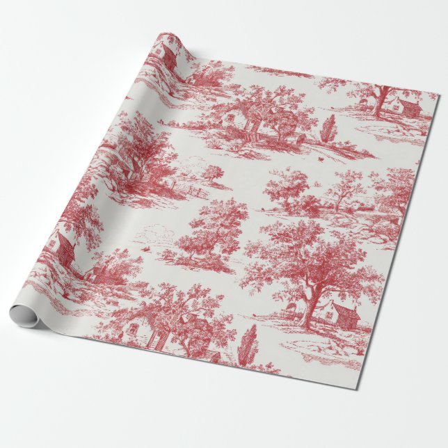 Rustic Red Toile Country Landscape Pattern Wrapping Paper (Unrolled)