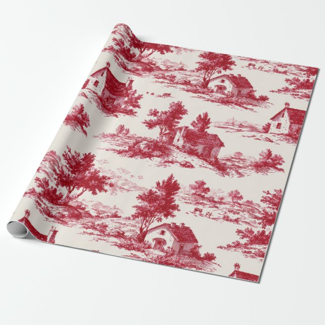 Rustic Red Toile Country Landscape Pattern Wrapping Paper (Unrolled)