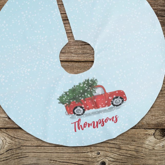 Rustic Red Truck Christmas Family Personalised Brushed Polyester Tree Skirt (Christmas classic holiday rustic red truck with Christmas tree skirt)
