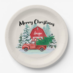  Rustic Red Truck Farmhouse Christmas Personalized Paper Plate