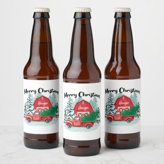  Rustic Red Truck Farmhouse Christmas White Beer Bottle Label (Bottles)