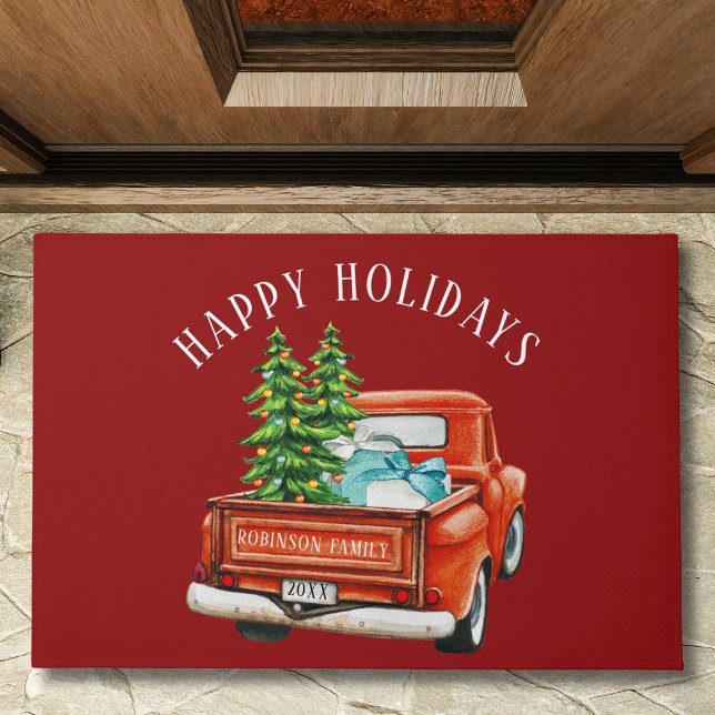 Rustic Red Truck Happy Holidays Christmas Tree Doormat (Creator Uploaded)