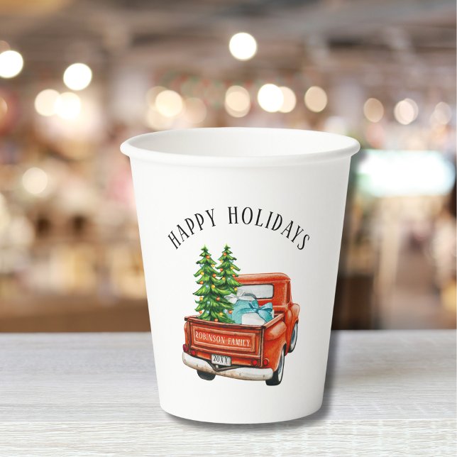 Rustic Red Truck Happy Holidays Christmas Tree Paper Cups (Creator Uploaded)