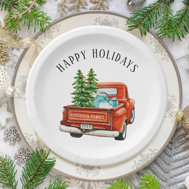 Rustic Red Truck Happy Holidays Christmas Tree Paper Plate (Creator Uploaded)