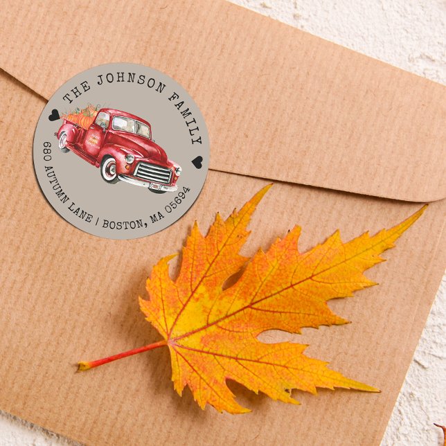 Rustic Red Truck Pumpkins Return Address Classic Round Sticker (Red Truck Pumpkins Return Address Classic Round Sticker)