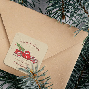 Rustic Red Truck Tree Personalised Square Sticker