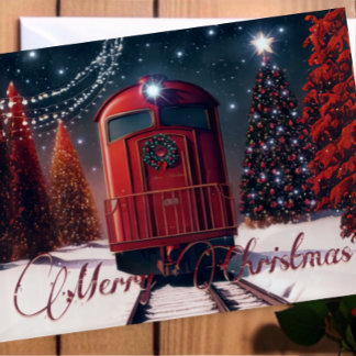 Rustic Red Watercolor Christmas Trolley Photo Card