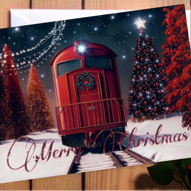 Rustic Red Watercolor Christmas Trolley Photo Card (Creator Uploaded)