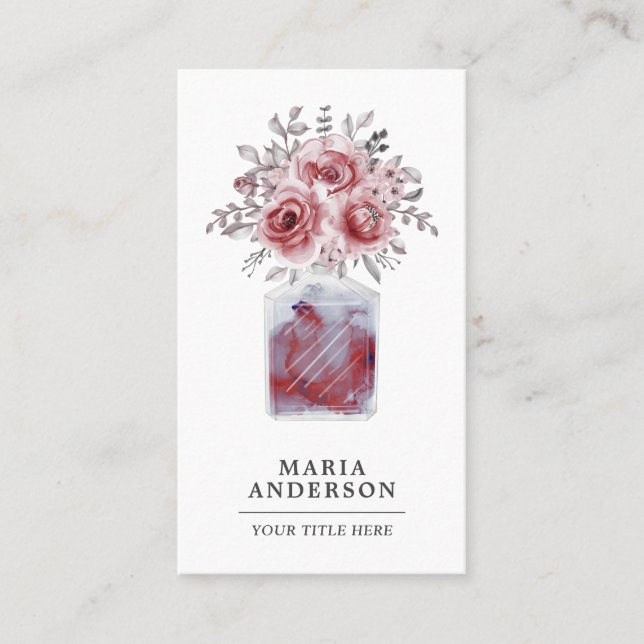 Rustic Red Watercolor Floral Perfume Bottle Business Card (Front)