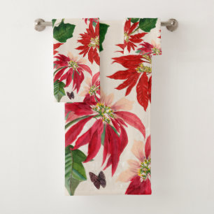 Rustic Red Watercolor Poinsettia Floral Greenery  Bath Towel Set