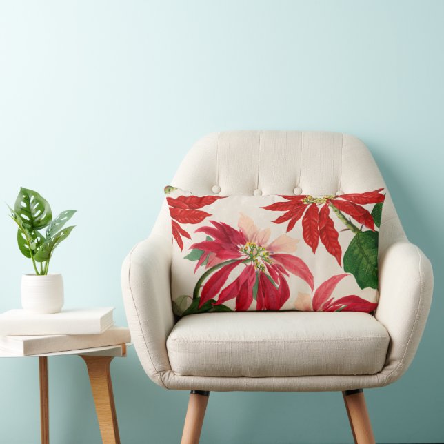 Rustic Red Watercolor Poinsettia Floral Greenery  Lumbar Cushion (Chair)