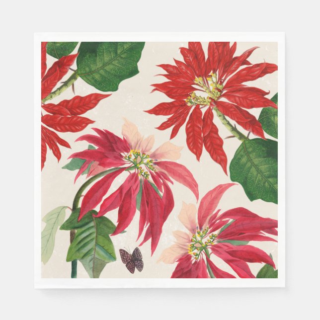 Rustic Red Watercolor Poinsettia Floral Greenery  Napkin (Front)