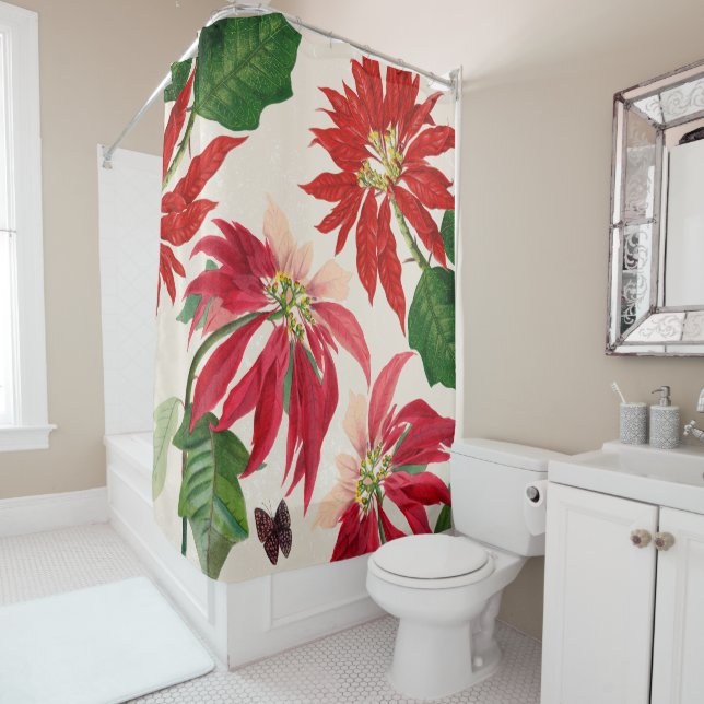 Rustic Red Watercolor Poinsettia Floral Greenery  Shower Curtain (In Situ)