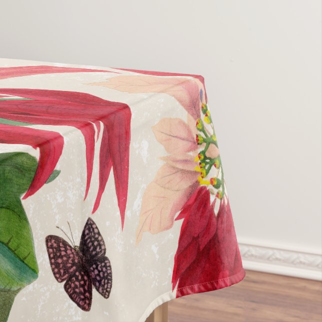 Rustic Red Watercolor Poinsettia Floral Greenery  Tablecloth (In Situ)