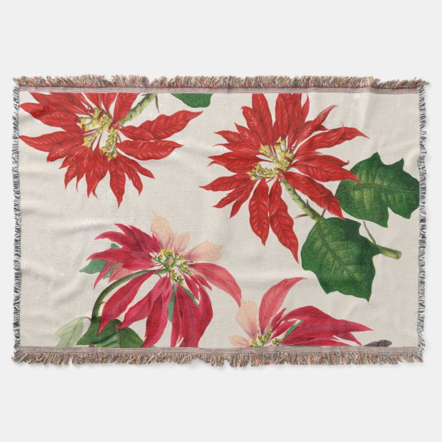 Rustic Red Watercolor Poinsettia Floral Greenery  Throw Blanket (Front)
